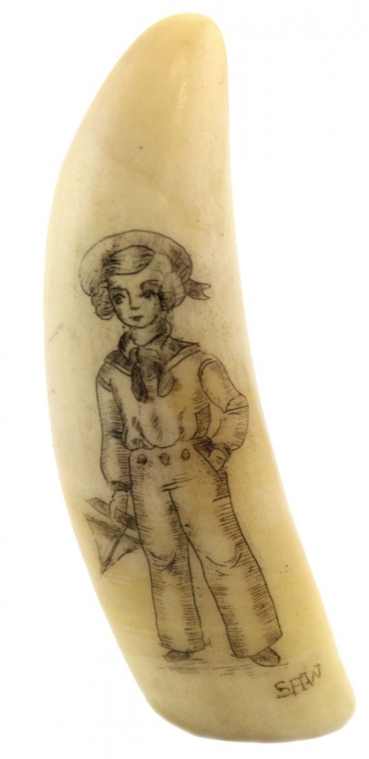 SCRIMSHAW IVORY WHALE TOOTH OF YOUNG BOY: SCRIMSHAW IVORY WHALE TOOTH OF YOUNG BOY Scrimshaw ivory whale tooth depicting a small boy with toy boat, signed S.H.W. Weight: 61.1g Size: 3.5"