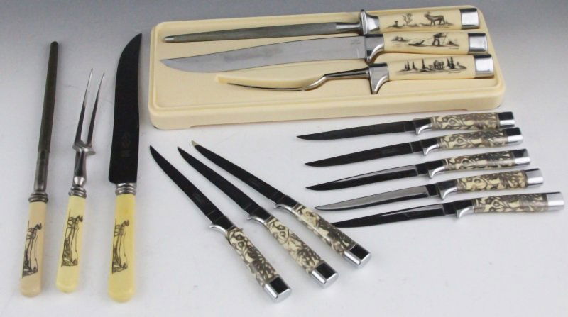 (14) CARVEL HALL CARVING SET AND STEAK KNIVES: (14) CARVEL HALL CARVING SET AND STEAK KNIVES (14) Carvel Hall carving set and steak knives. Carvel Hall carving set by Bridell come in display box. Six Carvel Hall, eight steak knives and another car