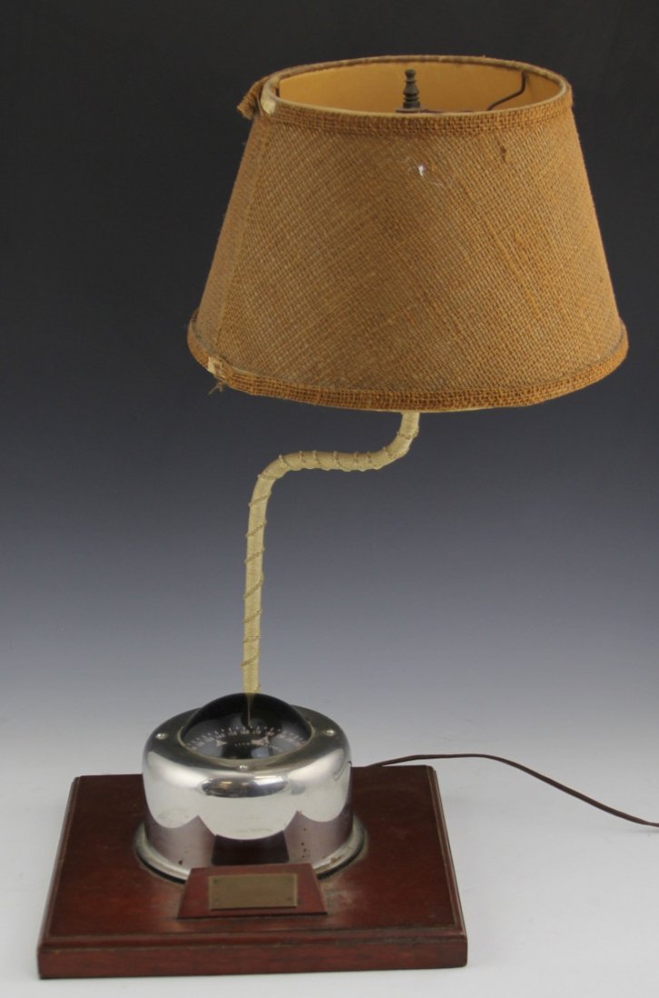 E.S. RITCHIE & SON'S SHIPS COMPASS LAMP: E.S. RITCHIE & SON'S SHIPS COMPASS LAMP E.S. Ritchie & Sons Pembroke Massachusetts chrome capped ships compass converted to a lamp. Marked with plaque to front Marum II, on wooden platform with nautic
