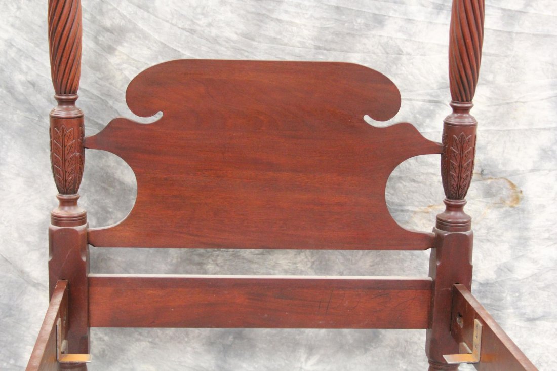 FRAMED EMPIRE STYLE TWIN POST BED: FRAMED EMPIRE STYLE TWIN POST BED Framed empire style twin four post bed. Carving to posts. Size: 85 x 43 x 77"