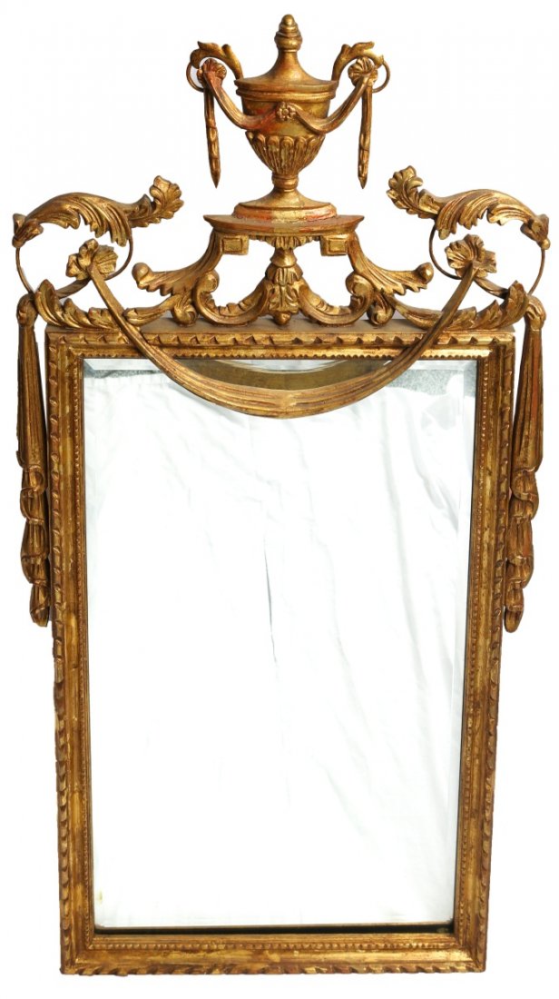 LA BARGE GILDED WOODEN MIRROR: LA BARGE GILDED WOODEN MIRROR La Barge wooden mirror. French style gilded mirror with manufacturer sticker to back. Size: 24 x 46"