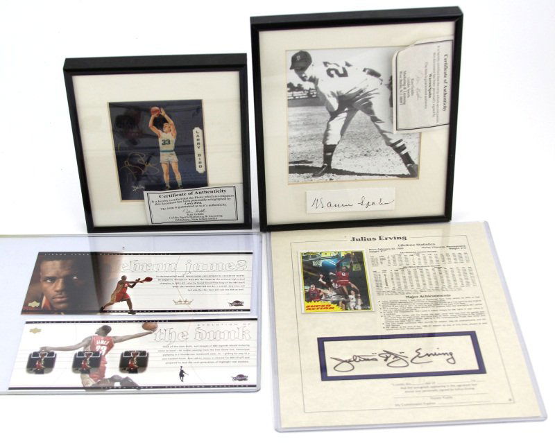 (3) AUTOGRAPHS LARRY BIRD DR J & WARREN SPAHN: (3) AUTOGRAPHS LARRY BIRD DR J & WARREN SPAHN A lot of three sport autographs: Larry Bird 7 x 6", Julius Erving "DR J" 10 x 8", and Warren Spahn 8 x 7". With Lebron James Cavaliers bio card 10 x 8".