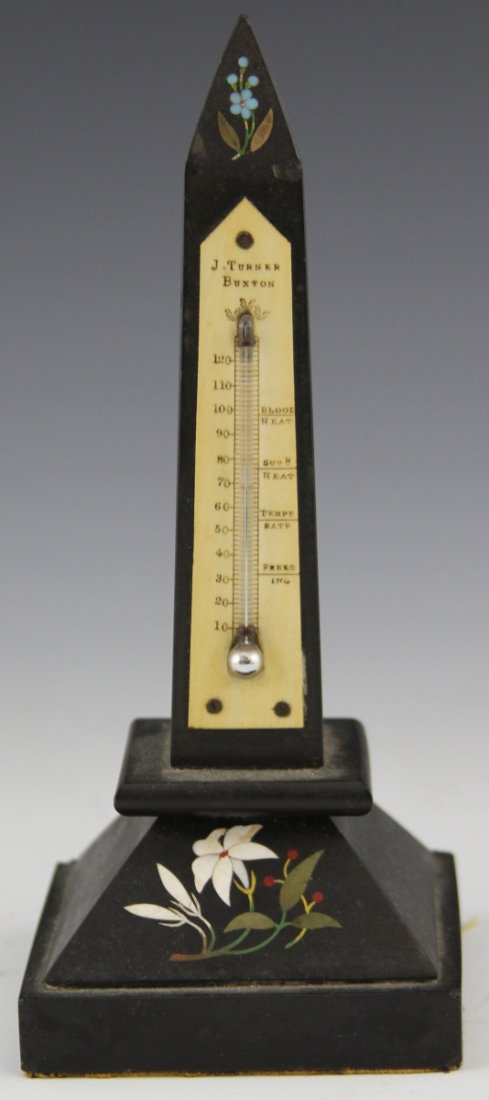 BUXTON MARBLE OBELISK THERMOMETER: BUXTON MARBLE OBELISK THERMOMETER 20th Century J. Turner Buxton marble obelisk thermometer, with floral decorative features. Size: 8.5"