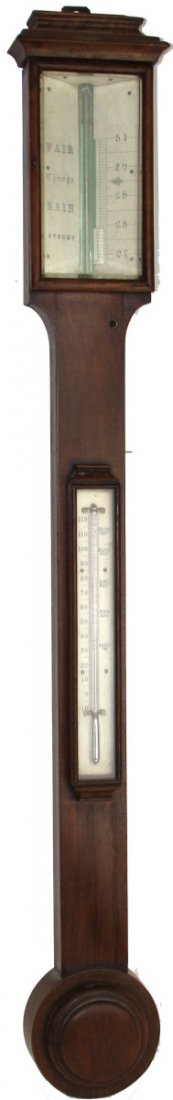 19TH C MAHOGANY WALL BAROMETER THERMOMETER: 19TH C MAHOGANY WALL BAROMETER THERMOMETER 19th century mahogany wall barometer thermometer with barometer portion at the top and thermometer portion in the middle. Size: 38"