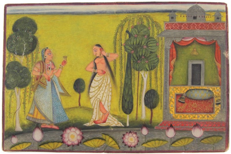 BASHOLI PAHARI SCHOOL MINIATURE PAINTING ASPARA: BASHOLI PAHARI SCHOOL MINIATURE PAINTING ASPARA East Indian miniature manuscript painting, 19th century, gouache and ink on paper, Basholi, Pahari School, Dancing Aspari. Not framed. From the private
