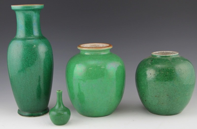 (4) GREEN EARTHENWARE CHINESE VASES: (4) GREEN EARTHENWARE CHINESE VASES A four piece set of green earthenware Chinese vases, each varying in style and size. Heights range from the tallest being 12", to the shortest being 3.5".