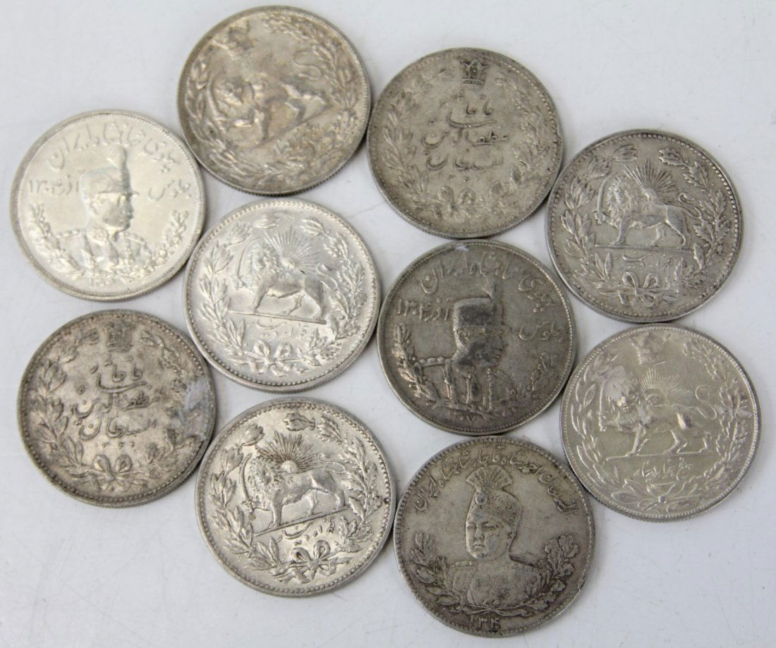 (10) EARLY 20TH CENTURY 5000 DINAR SILVER IRANIAN: (10) EARLY 20TH CENTURY 5000 DINAR SILVER IRANIAN Iran 5000 Dinar silver coins with the Lion and Sun on the reverse. 5000 Dinars / 5 Qiran - Reza Shah Pahlavi.
