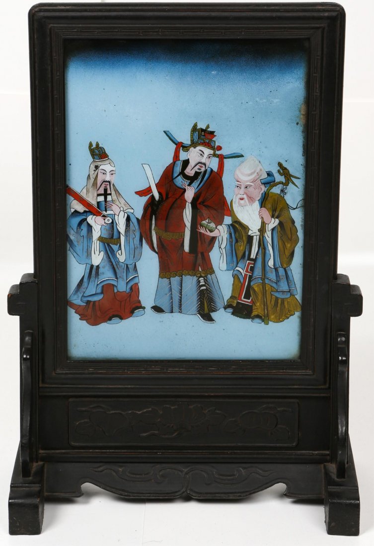 19TH C REVERSE PAINTING/GLASS SCREEN FU LU SHOU: 19TH C REVERSE PAINTING/GLASS SCREEN FU LU SHOU Chinese redwood table screen, reverse painting to glass featuring Fu, Lu & Shou; symbolizes happiness, prosperity & longevity. 19th century. Size: 19 x 