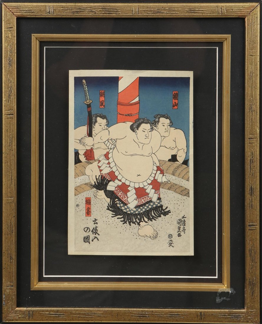 JAPANESE UKIYO-E WOODBOCK PRINT SUMO WRESTLERS: JAPANESE UKIYO-E WOODBOCK PRINT SUMO WRESTLERS Japanese ukiyo-e woodblock print, three Sumo wrestlers, signed, float mounted and framed under glass in black and gilt frame. Image size: 5.25 x 8". Size