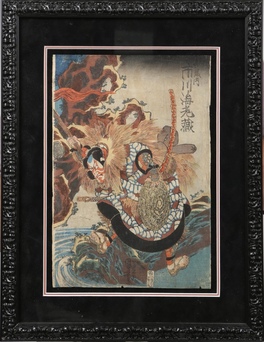 JAPANESE UKIYO-E WOODBOCK PRINT SAMURAI: JAPANESE UKIYO-E WOODBOCK PRINT SAMURAI Japanese ukiyo-e woodblock print, Samurai warrior, signed, float mounted and framed under glass in black frame. Image size: 10 x 14.25". Size: 16.5 x 21" framed