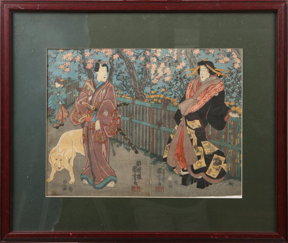 JAPANESE UKIYO-E WOODBOCK PRINT COUPLE W/ DOG: JAPANESE UKIYO-E WOODBOCK PRINT COUPLE W/ DOG Japanese ukiyo-e woodblock print, couple with dog, signed, framed and matted under glass in wooden frame. Image size: 13 x 17.5". Size: 20.5 x 25.75" fram