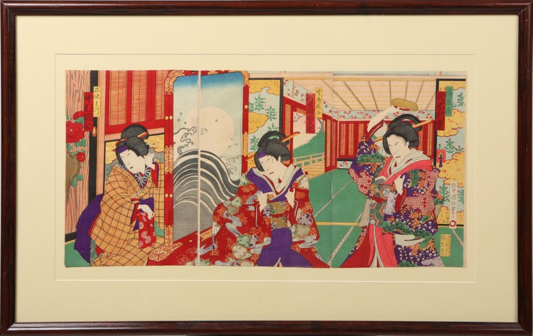 JAPANESE UKIYO-E WOODBOCK PRINT GEISHA TRYPTICH: JAPANESE UKIYO-E WOODBOCK PRINT GEISHA TRYPTICH Japanese ukiyo-e woodblock print, tryptich featuring three geishas, signed, float mounted and framed under glass in wooden frame. Image size: 9.25 x 14"