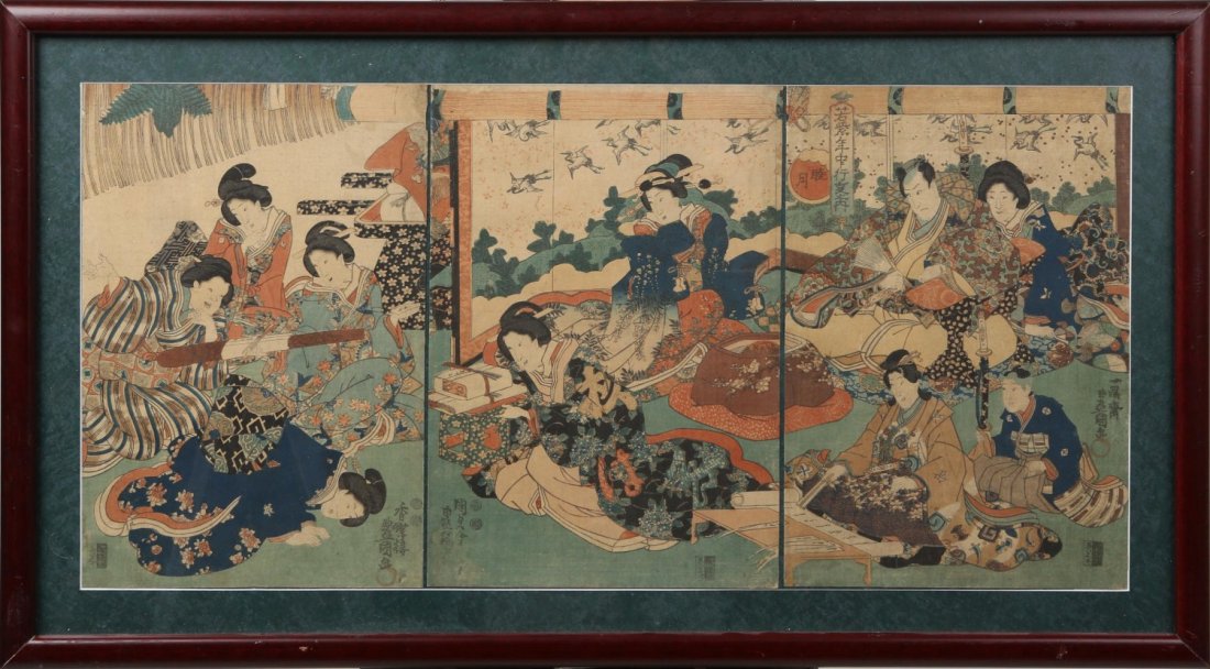 JAPANESE UKIYO-E WOODBOCK PRINT GEISHA TRYPTICH: JAPANESE UKIYO-E WOODBOCK PRINT GEISHA TRYPTICH Japanese ukiyo-e woodblock print, tryptich featuring group of geishas, signed, matted and framed under glass in wooden frame. Image size: 9.5 x 14" (eac