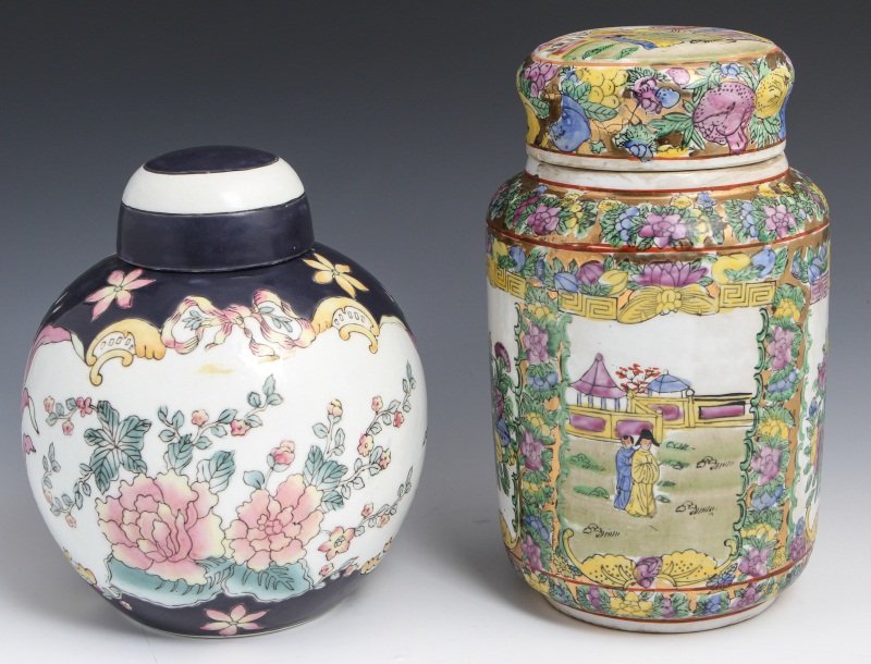 (2) ASIAN PORCELAIN GINGER JARS WITH FLORAL MOTIF: (2) ASIAN PORCELAIN GINGER JARS WITH FLORAL MOTIF Two Asian porcelain ginger jars with floral motif. Larger jar has courtyard scene. Not signed on base. Size: 10, 8.5"