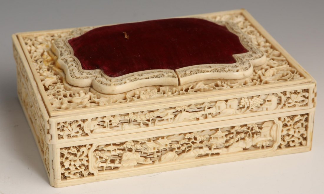 19TH C CHINESE RETICULATED CARVED IVORY SEWING BOX: 19TH C CHINESE RETICULATED CARVED IVORY SEWING BOX Chinese carved ivory sewing box. Top pin cushion with reticulated foliate motif. Sides feature reticulated village reliefs with foliate motif. Pin cu