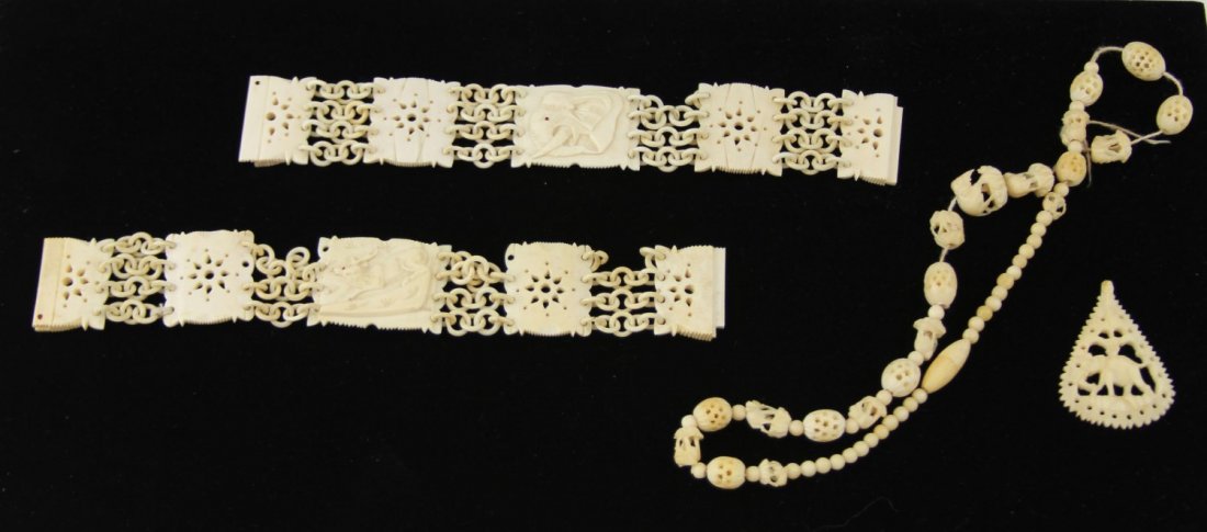 (3) MID 20TH C MIXED ASIAN CARVED IVORY JEWELRY: (3) MID 20TH C MIXED ASIAN CARVED IVORY JEWELRY Lot of three Asian carved ivory jewelry pieces, acquired ca. 1970's; includes two chain linked bracelets embellished with relief of stag and elephant, 7