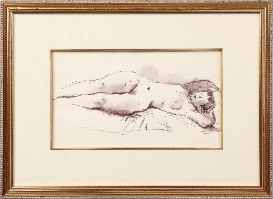 RAPHAEL SOYER ORIGINAL DRAWING RECLINING NUDE: RAPHAEL SOYER ORIGINAL DRAWING RECLINING NUDE Raphael Soyer (Russian, 1899-1987), ink and wash drawing, reclining nude female figure. Signed bottom right. Framed and matted under glass in gilt frame.