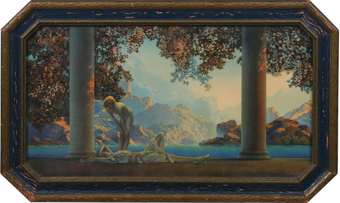 MAXFIELD PARRISH DAYBREAK FRAMED PRINT: MAXFIELD PARRISH DAYBREAK FRAMED PRINT Framed print of Maxfield Parrish's "Daybreak." Frame is decorative. Size: 12.5 x 20.5"