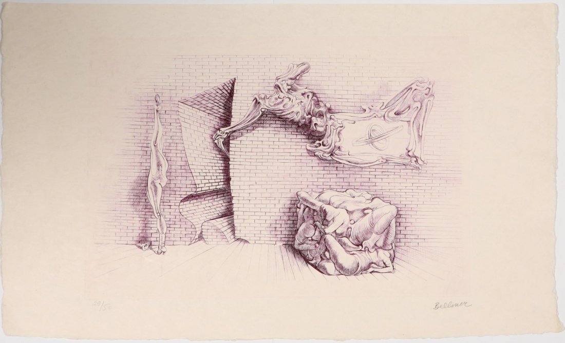 HANS BELLMER SOUTERRAIN NO. 13 SIGNED ETCHING: HANS BELLMER SOUTERRAIN NO. 13 SIGNED ETCHING Hans Bellmer, "Souterrain No. 13," signed etching. Printed with purple ink. Print #29/50. Signed in pencil on bottom right. Image size: 15.5 x 11.5". Not 