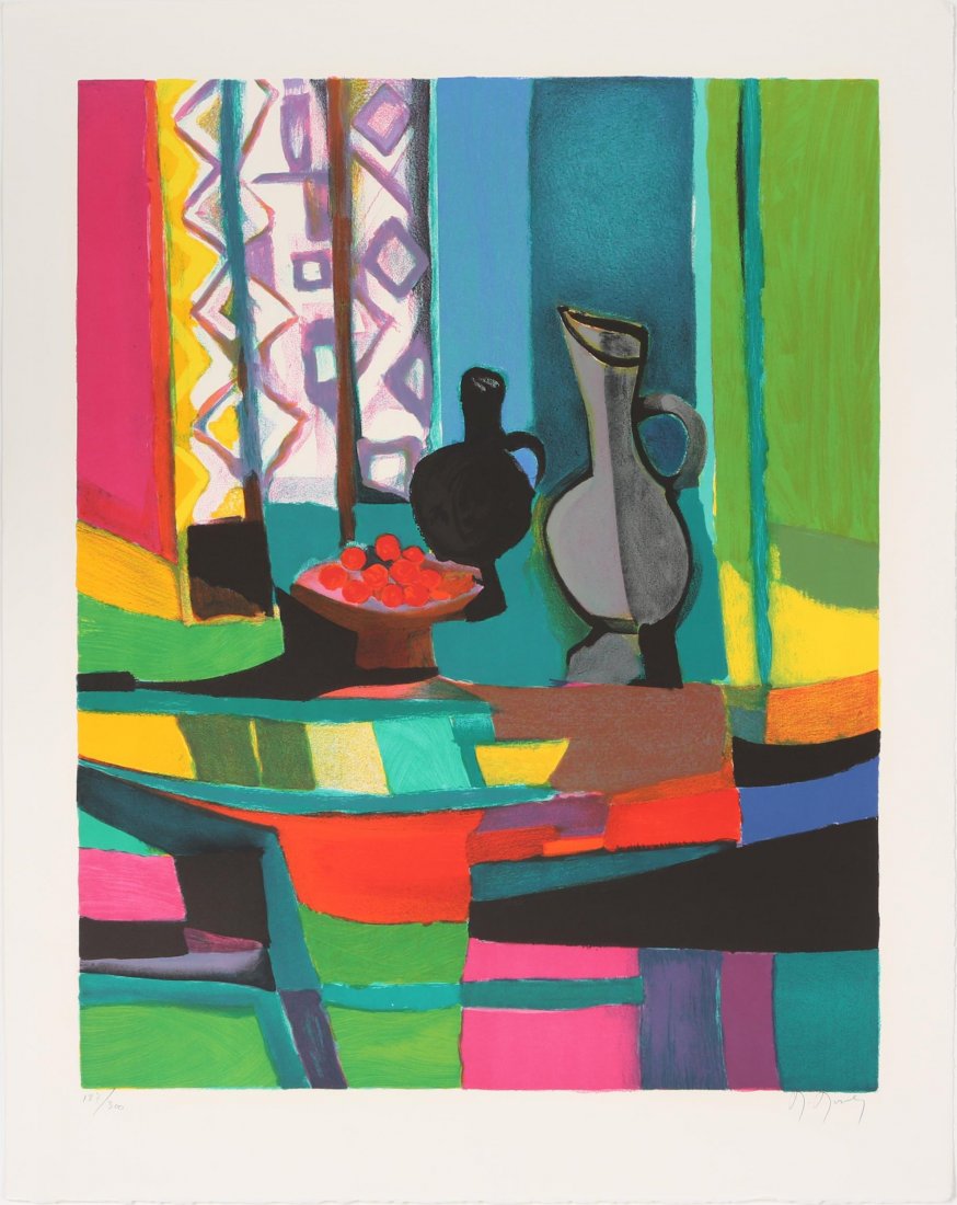 MOULY LA COUPE DE CERISE SIGNED LITHO: MOULY LA COUPE DE CERISE SIGNED LITHO Marcel Mouly, "La Coupe de Cerise," signed lithograph. Print number #127/300. Printed on BFK Rives paper. Image size is 21 x 26.75". Signed in pencil on the botto