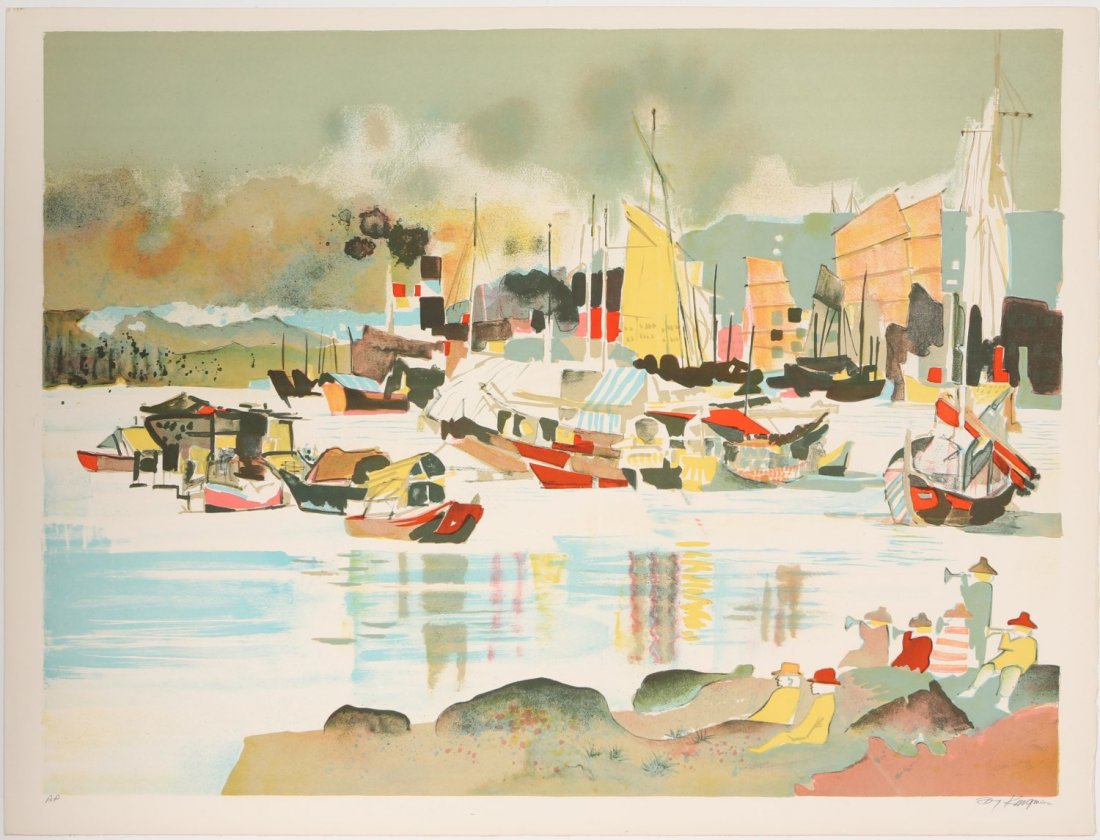 DONG KINGMAN HONG KONG BAY SIGNED LITHO AP 1970: DONG KINGMAN HONG KONG BAY SIGNED LITHO AP 1970 Dong Kingman, ( American, 1911-2000), "Hong Kong Bay", circa 1970, lithograph on Arches, signed bottom right, Artist Proof. Not framed. Size: 24 x 32"