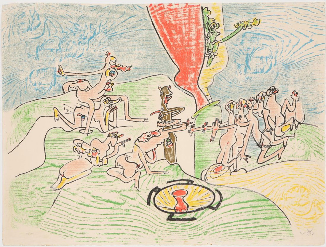 ROBERTO MATTA SIGNED COLOR LITHO: ROBERTO MATTA SIGNED COLOR LITHO Roberto Matta (Chilean 1911-2002). Signed color lithograph. Print #75/175. Bleed print. Signed on the bottom right in pencil. Not framed. Size: 25.5 x 20"