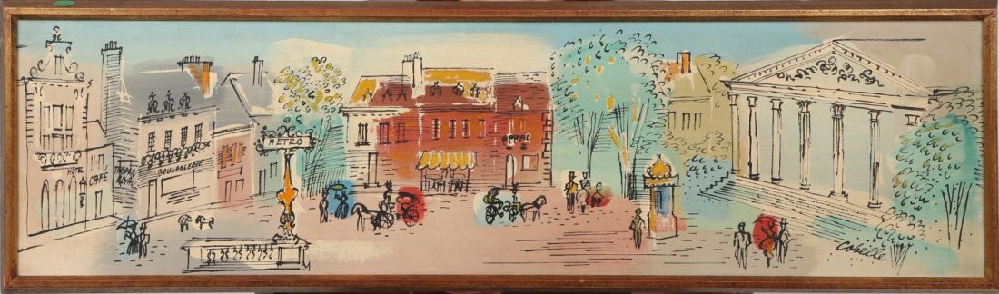 CHARLES COBELLE PARIS STREET SCENE ORIGINAL 1960'S: CHARLES COBELLE PARIS STREET SCENE ORIGINAL 1960'S Charles Cobelle (French, 1902-1994), mixed media on canvas painting featuring Paris street scene featuring courtyard in front of the Church La Madele