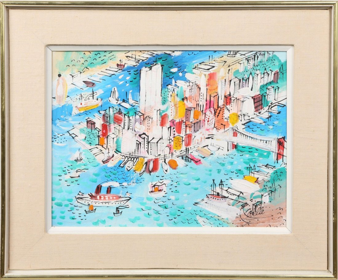 CHARLES COBELLE TWIN TOWERS ORIGNIAL 1970'S: CHARLES COBELLE TWIN TOWERS ORIGNIAL 1970'S Charles Cobelle (French, 1902-1994), mixed media on canvas painting featuring aerial view of Manhattan featuring the Twin Towers and the Brooklyn Bridge. Si
