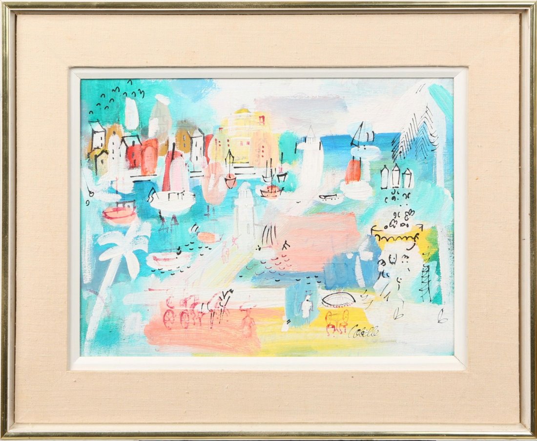CHARLES COBELLE FRENCH RIVIERA ORIGINAL 1970'S: CHARLES COBELLE FRENCH RIVIERA ORIGINAL 1970'S Charles Cobelle (French, 1902-1994), mixed media on canvas painting featuring view of the French Riviera with boats, palm trees, and a horse drawn carria
