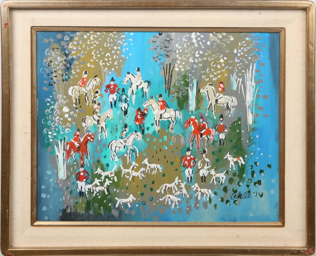 CHARLES COBELLE FOX HUNT SCENE ORIGNIAL 1970'S: CHARLES COBELLE FOX HUNT SCENE ORIGNIAL 1970'S Charles Cobelle (French, 1902-1994), mixed media on canvas painting featuring equestrian scene of fox hunt with riders and dogs. Signed bottom right corn