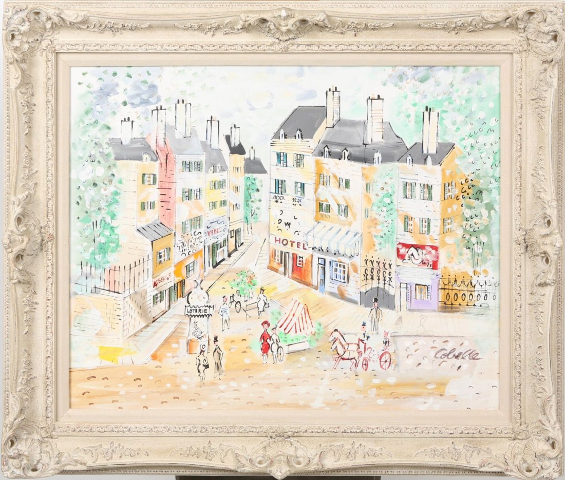 CHARLES COBELLE MOULIN ROUGE ORIGINAL 1960'S: CHARLES COBELLE MOULIN ROUGE ORIGINAL 1960'S Charles Cobelle (French, 1902-1994), mixed media on canvas painting featuring Moulin Rouge street scene with street venders and horse drawn carriage. Signe