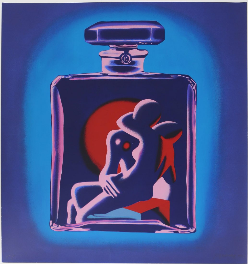 MARK KOSTABI SIGNED LITHO KOSTABI #5 (AQUA) 1990: MARK KOSTABI SIGNED LITHO KOSTABI #5 (AQUA) 1990 Mark Kostabi (American, b.1960), Kostabi #5 (Aqua), lithograph, signed bottom right, edition T.P. Not framed. Size: 31.75 x 35"
