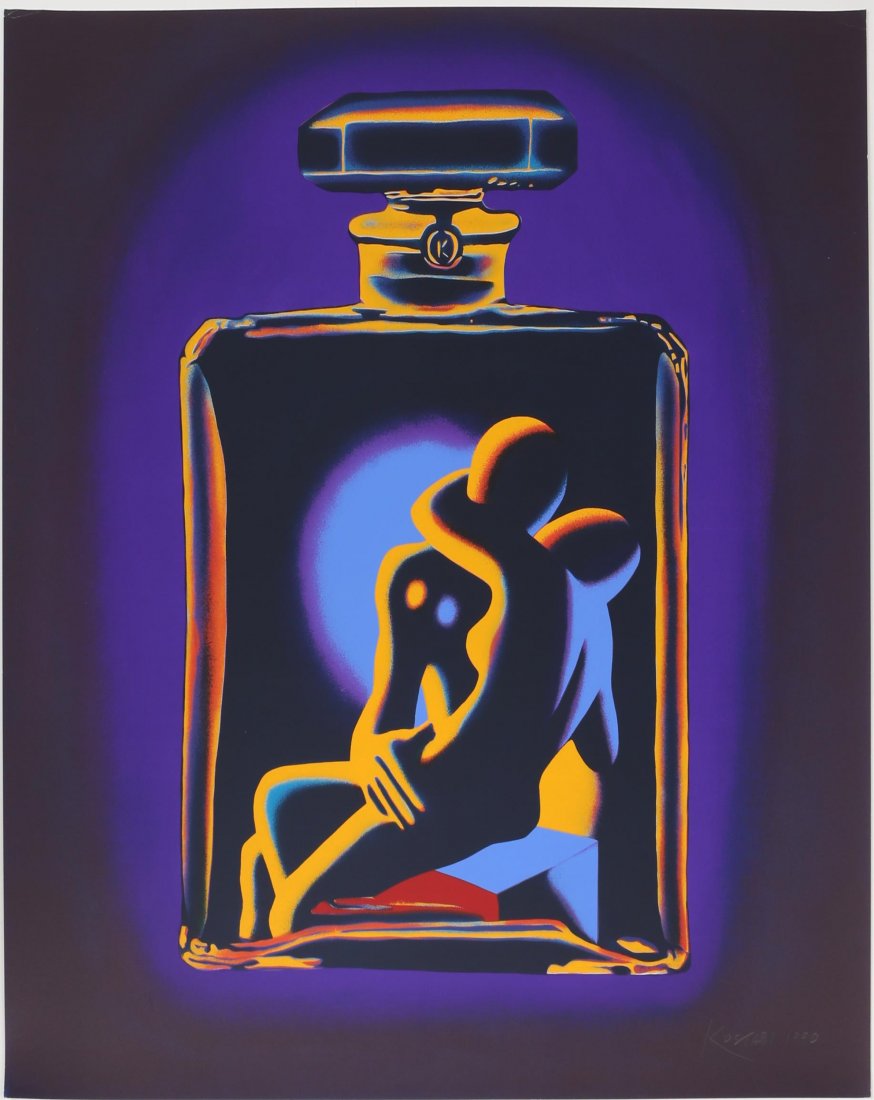 MARK KOSTABI SIGNED LITHO KOSTABI #5 (PURPLE) 1990: MARK KOSTABI SIGNED LITHO KOSTABI #5 (PURPLE) 1990 Mark Kostabi (American, b.1960), Kostabi #5 (Purple), lithograph, signed bottom right. Not framed. Size: 31.75 x 35"
