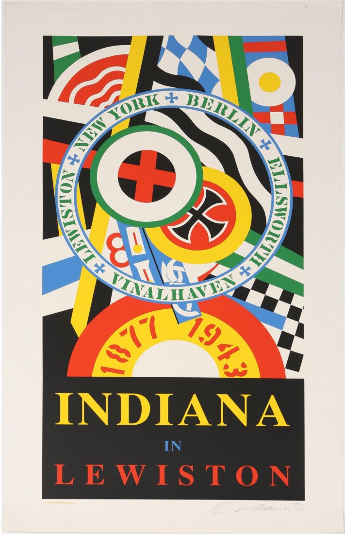 ROBERT INDIANA IN LEWISTON SCREENPRINT SIGNED: ROBERT INDIANA IN LEWISTON SCREENPRINT SIGNED Robert Indiana, (American, b.1928), Indiana in Lewiston, 1991, color screenprint, signed Robert Indiana and dated (lower right), bottom left is embossed "