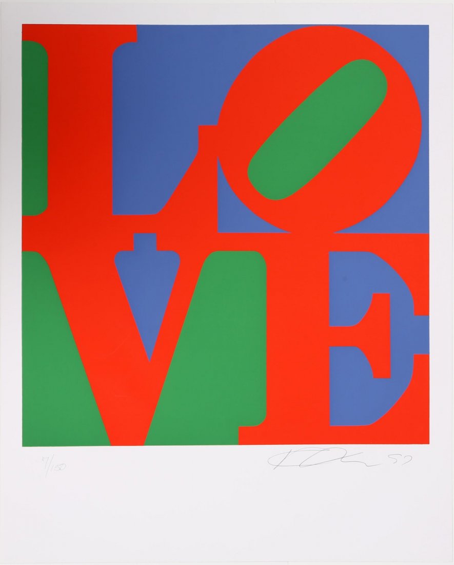 ROBERT INDIANA PHILADELPHIA LOVE SERIGRAPH 1997: ROBERT INDIANA PHILADELPHIA LOVE SERIGRAPH 1997 Robert Indiana, (American, b.1928), Philadelphia Love, Serigraph, signed and dated bottom right, numbered 7 of 150. Not framed. Size: 20 x 24"