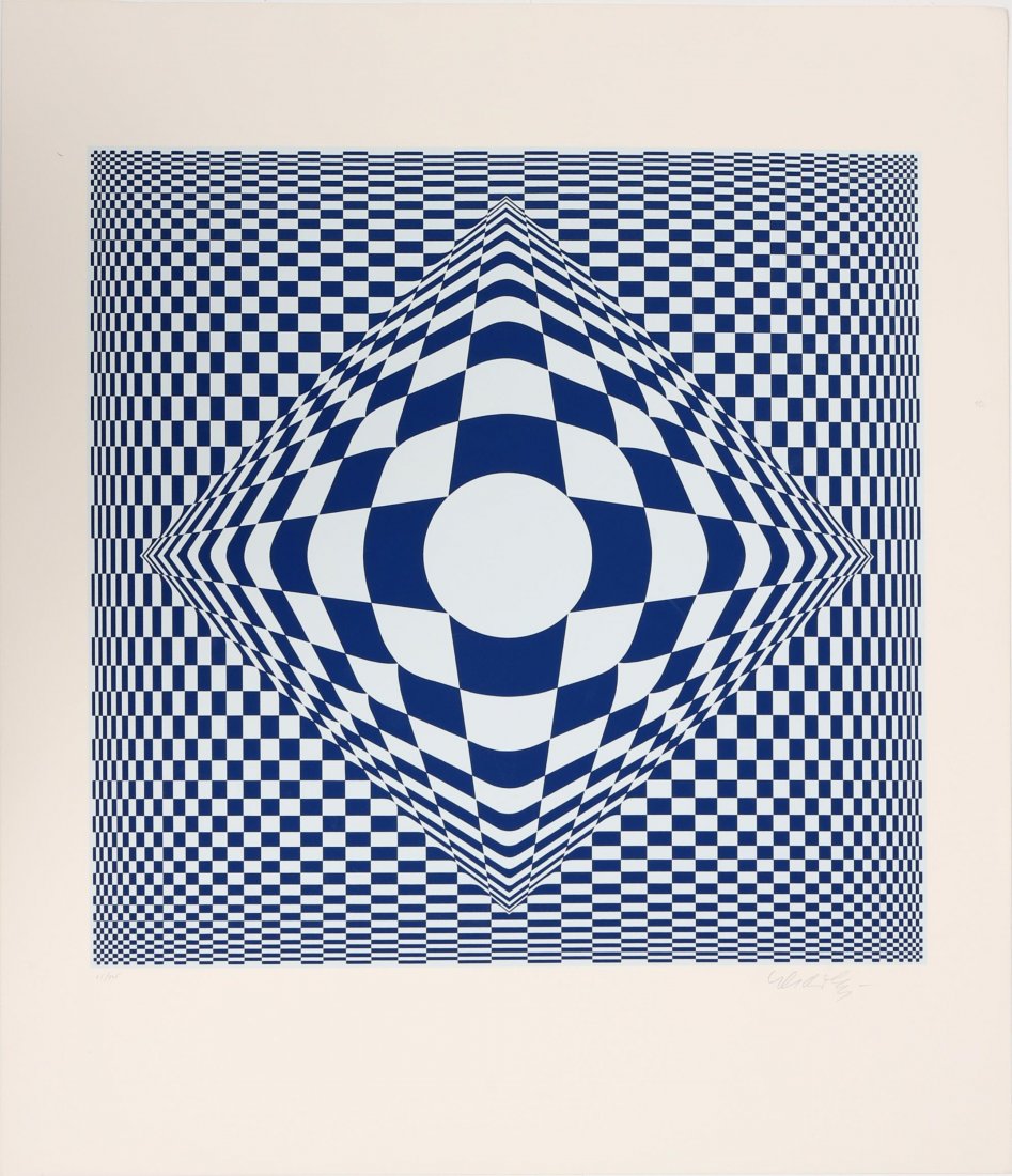 VICTOR VASARELY KINETIC COMP. SIGNED SILKSCREEN: VICTOR VASARELY KINETIC COMP. SIGNED SILKSCREEN Victor Vasarely, "Kinetic Composition," signed silkscreen. Print #75/325. Signed on the bottom right in pencil. Image size: 18.5 x 18.5". Not framed. Si