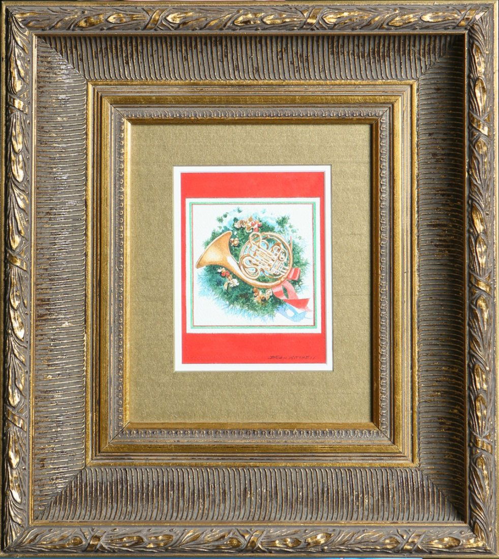 DEAN MITCHELL FRAMED CHRISTMAS CARD: DEAN MITCHELL FRAMED CHRISTMAS CARD Dean Mitchell (American, b.1957). Framed original watercolor Christmas card by renowned artist Dean Mitchell, signed bottom right. Framed and double matted under gl