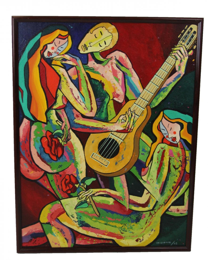 FRANKLIN CASSIERRA CUBIST SERENADE: FRANKLIN CASSIERRA CUBIST SERENADE Franklin Cassierra, (American, Contemporary), New York City Soho street artist, painterly composition of man playing guitar for two ladies with roses, after the Cubi