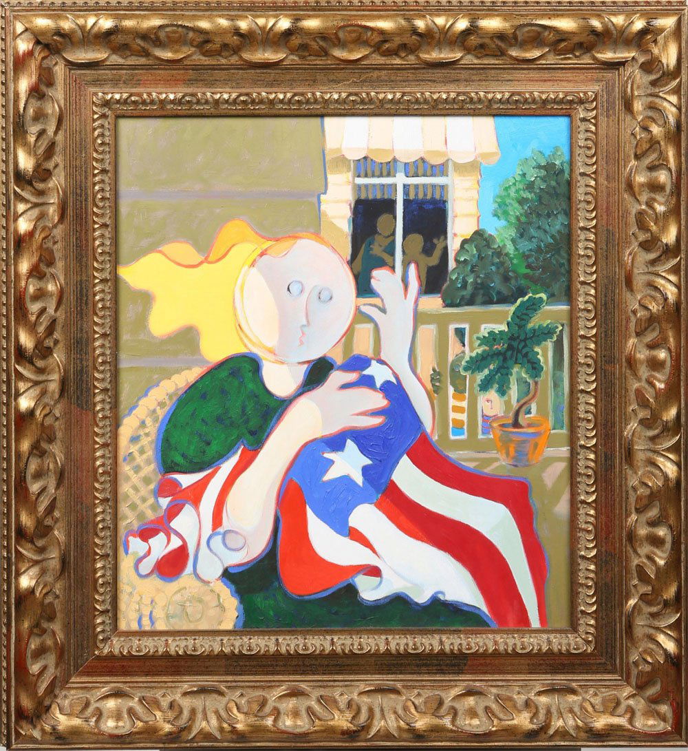 ROBERT WALKER OIL PAINTING BETSY ROSS: ROBERT WALKER OIL PAINTING BETSY ROSS Robert Walker, (American, b.1958), oil on canvas 15 x 16", Betsy Ross seated with flag, signed on back, dated 2005, framed in ornate gilt frame. Size: 23.5 x 25.5