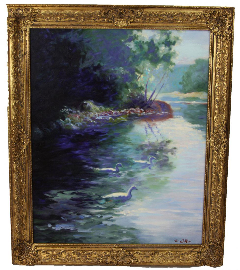 ROBERT WALKER LANDSCAPE WITH SWANS: ROBERT WALKER LANDSCAPE WITH SWANS Robert Walker, (American, b.1958), oil on board, landscape with swans, signed bottom right, framed in gilt frame. Size: 30 x 36" framed