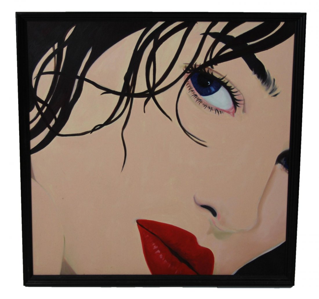 ROBERT WALKER PORTRAIT OF LADY WITH RED LIPS: ROBERT WALKER PORTRAIT OF LADY WITH RED LIPS Robert Walker, (American, b.1958), oil on canvas, Portrait of a lady with red lips, signed on verso "Walker 07". Framed in low profile black frame. Size: 3