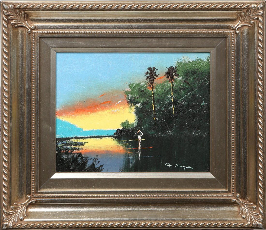 JOHN MAYNOR RIVER SUNRISE FLORIDA HIGHWAYMEN: JOHN MAYNOR RIVER SUNRISE FLORIDA HIGHWAYMEN John Maynor (American, b.1948), Florida Highwaymen, oil on board, river sunrise, good texture, signed "J. Maynor" bottom right and on verso with date 11/24