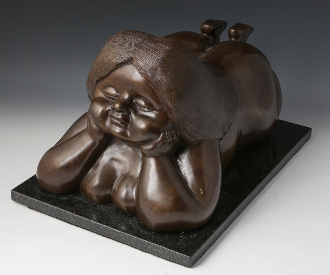 CAST BRONZE FEMALE FIGURE AFTER EMILIO ANZOLA: CAST BRONZE FEMALE FIGURE AFTER EMILIO ANZOLA Cast bronze of Rubenesque female nude figure lying on her stomach after Emilio Anzola (Colombian, contemporary). Signed and numbered to bottom of right fo
