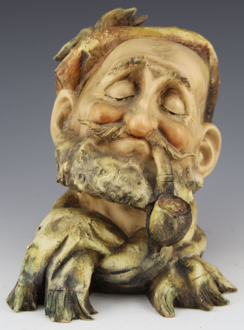 BORSATO MAN SMOKING PIPE SIGNED PORCELAIN FIGURE: BORSATO MAN SMOKING PIPE SIGNED PORCELAIN FIGURE Porcelain figure by Antonio Borsato, made in Italy. Bust Of Man Smoking Pipe. Figure is signed and stamped on the bottom. Size: 7"