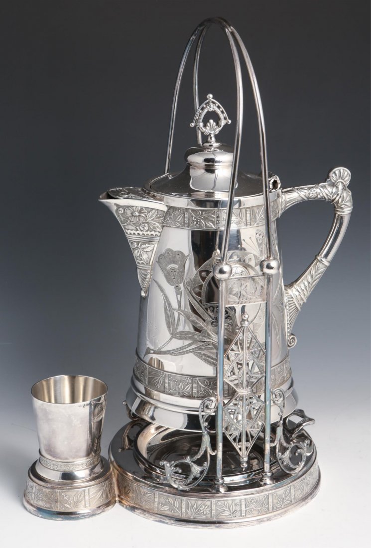 4-PIECE SILVERPLATE PAIRPOINT WATER PITCHER SET: 4-PIECE SILVERPLATE PAIRPOINT WATER PITCHER SET Four piece silverplate water pitcher set by Pairpoint Mfg Co. Set includes: a pitcher (13 x 7") with "To N.H. Morill, by his operations Enterprise Facto
