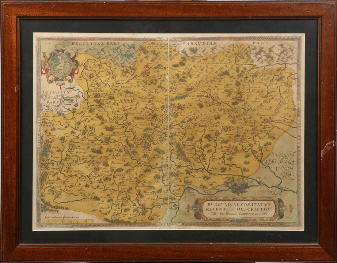 ABRAHAM ORTELIUS 17TH C BURGUNDY FRANCE MAP: ABRAHAM ORTELIUS 17TH C BURGUNDY FRANCE MAP Hand colored decorative regional map of France, early 17th C., centered on Besancon, Poligny, Quingey and St Anne. Includes a number of famous wine regions.