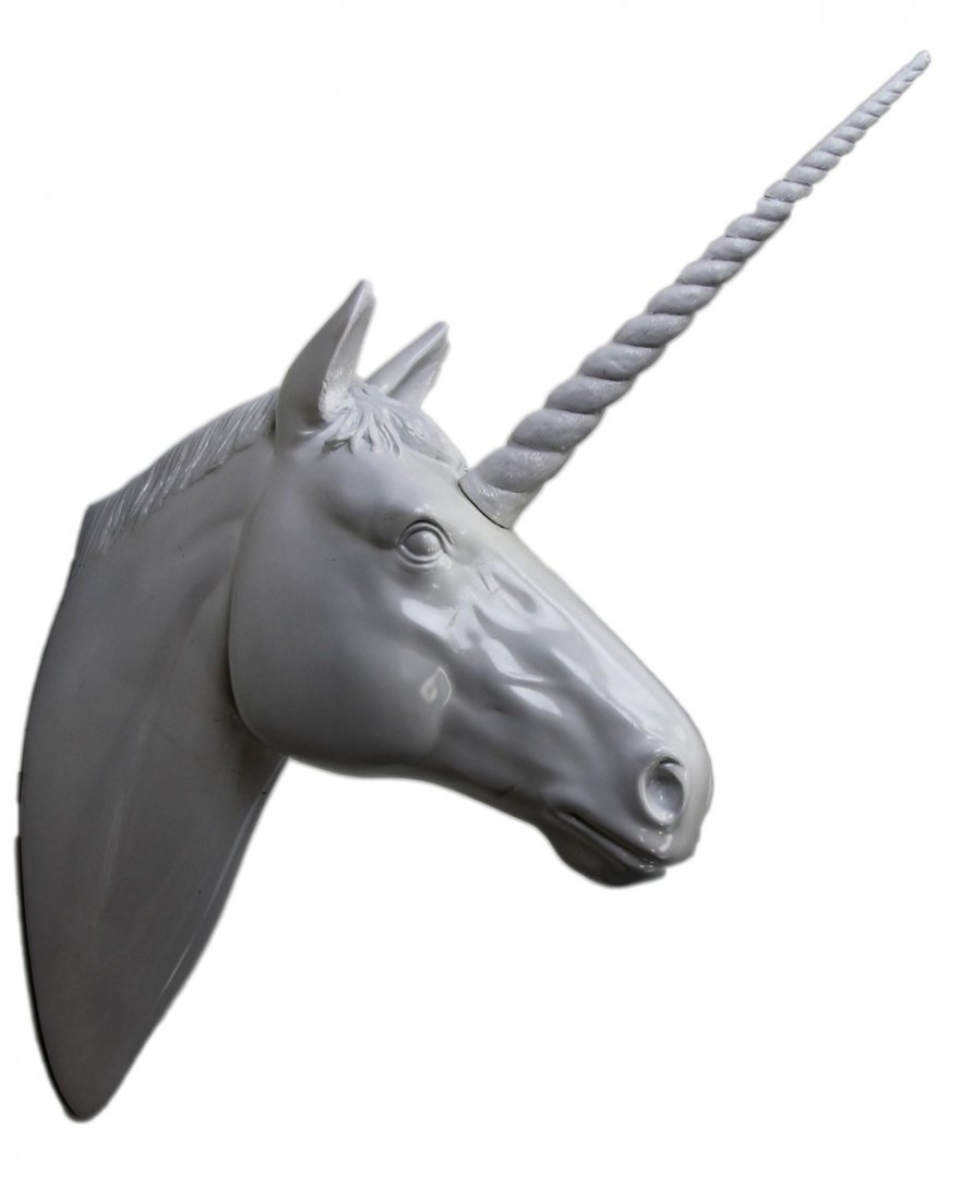 LARGE WHITE PLASTER UNICORN HEAD: LARGE WHITE PLASTER UNICORN HEAD Large plaster unicorn head small area at the back of the neck for hanging. Size: 32 x 40"