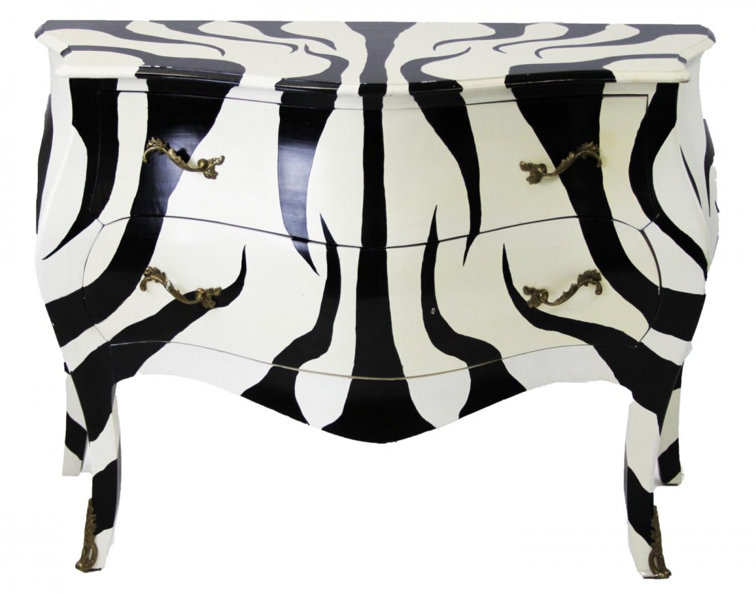ZEBRA PAINTED BOMBE DRESSER: ZEBRA PAINTED BOMBE DRESSER Zebra painted bombe dresser with ornate brass handles and footed elements. Size: 47 x 24 x 34.5"