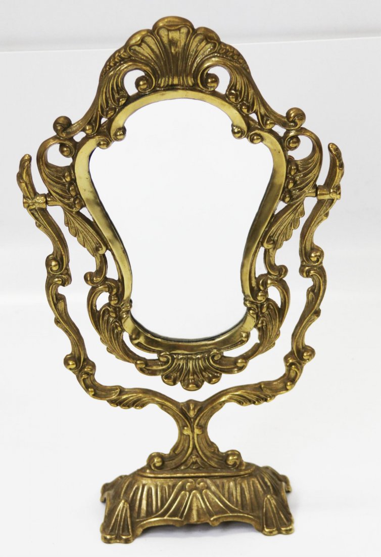 ROCOCO STYLE BRASS DRESSER VANITY MIRROR: ROCOCO STYLE BRASS DRESSER VANITY MIRROR Rococo style brass dresser vanity mirror; felt back. Size: 20 x 11"