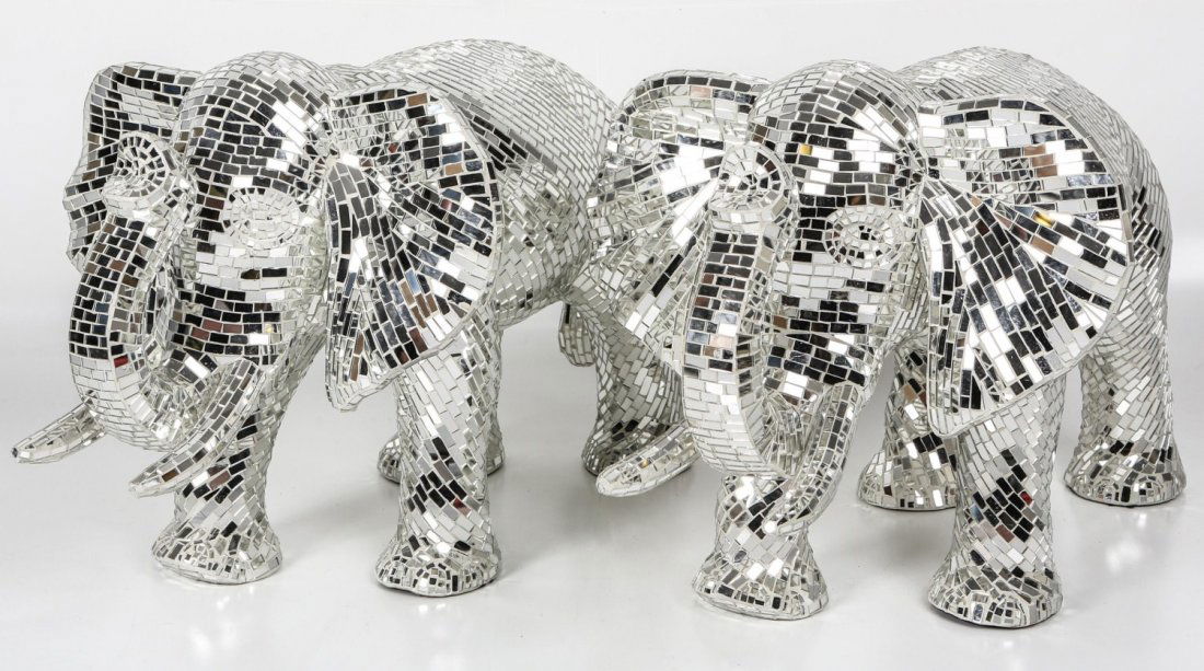 (2) MIRROR MOSAIC & PLASTER ELEPHANTS: (2) MIRROR MOSAIC & PLASTER ELEPHANTS Lot of two matching mirror mosaic elephant statues, laid in plaster. Size: 30 x18 x 20"